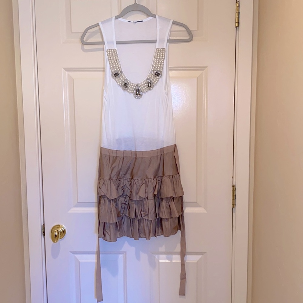 White cotton mini dress with Taupe ruffle bottom